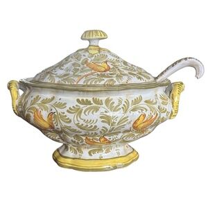 Large Ceramic Soup Tureen W/ Lid & Ladle 14” Green Yellow Birds & Floral Design